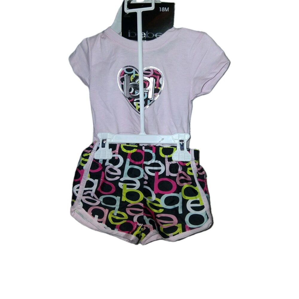 NWT Bebe Sport 2 Piece Set Pink Shirt And Black Logo Shorts 18 Months New Cute